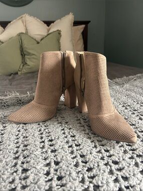JustFab Perforated Taupe Suede Ankle Booties